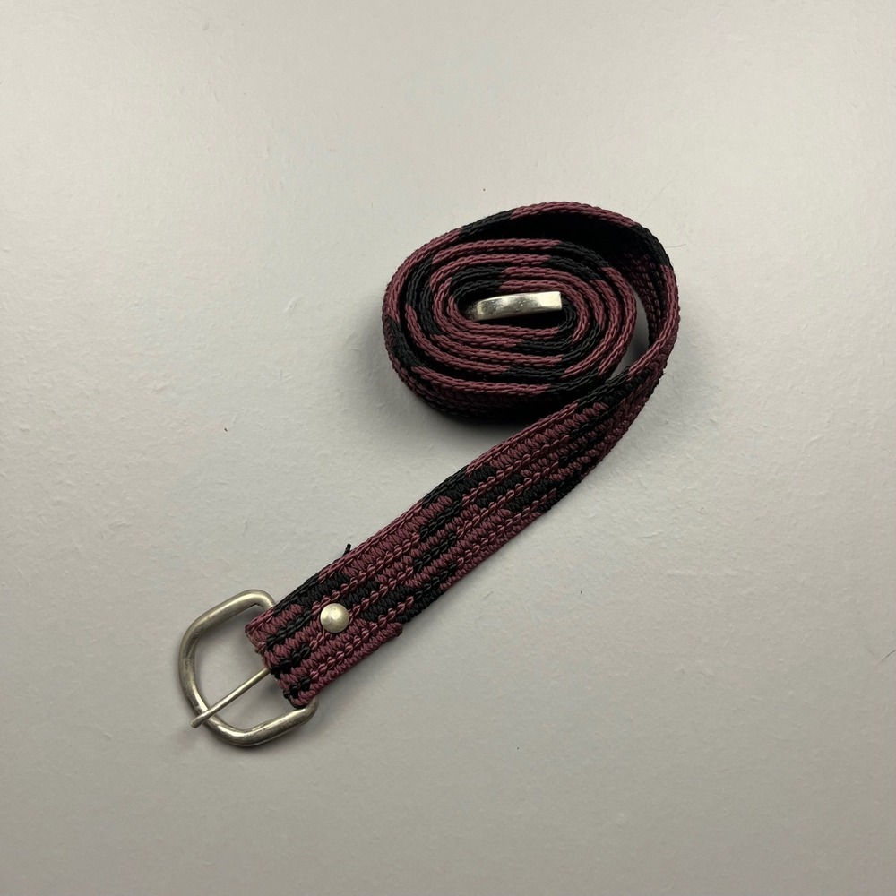 Vintage Woven Braided Belt Mens OS Burgundy Black Western 925 Silver Tip 80s USA